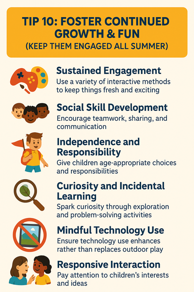 Tip 10: Foster Continued Growth & Fun," featuring colorful illustrations of children engaging in summer activities like reading, playing outdoors, and exploring nature, with brief bullet points on sustained engagement, social skills, independence, learning, and mindful tech use.