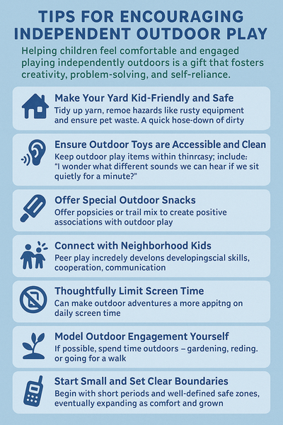 Infographic titled "Tips for Encouraging Independent Outdoor Play" with cool blue tones, listing eight tips including making the yard safe, offering outdoor snacks, limiting screen time, and modeling outdoor engagement.