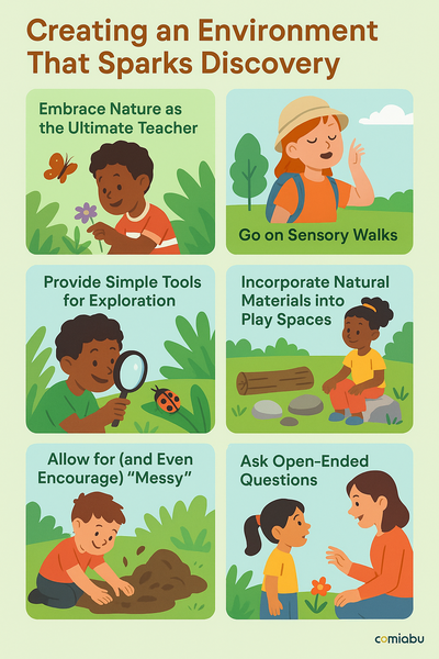 A colorful infographic showing children exploring nature with tools like magnifying glasses and buckets, surrounded by trees, plants, rocks, and animals, highlighting outdoor discovery and sensory play.