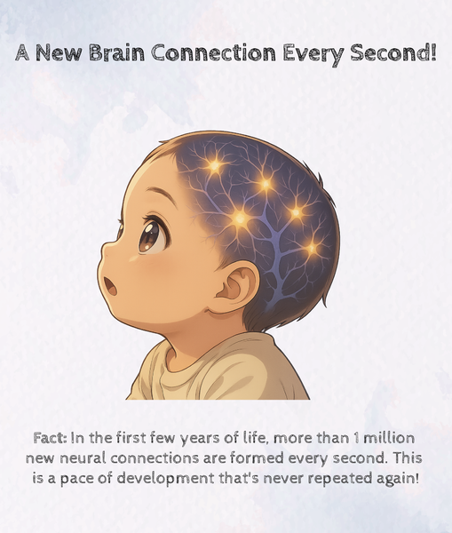 Baby with glowing neural connections forming in the brain. infographic