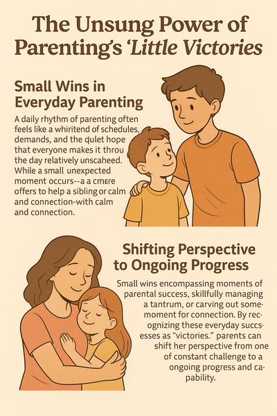 Infographic showing a warm, cozy family moment highlighting the theme of "Parenting's Little Victories," featuring a parent and child smiling together, soft colors, and icons symbolizing small daily achievements like calming a tantrum or sharing between siblings.