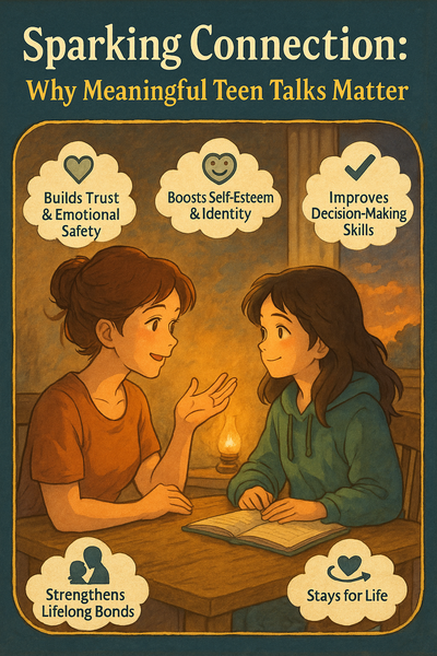 Ghibli-style cozy room with parent and teen smiling, mid-conversation