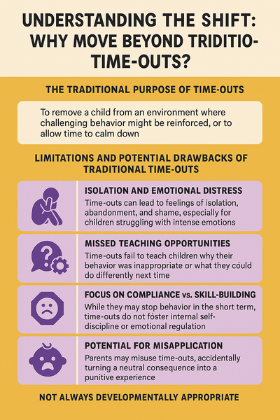 Infographic titled ‘The Heart of Positive Discipline’ outlining core principles like mutual respect, teaching not punishing, problem-solving, connection, consistency, and long-term development with colorful icons and concise descriptions on a soft pastel background.