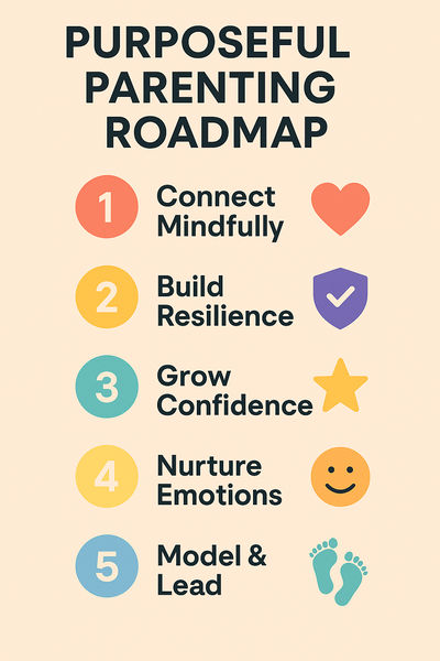 “Infographic titled ‘Purposeful Parenting Roadmap’ with five numbered steps—Connect Mindfully, Build Resilience, Grow Confidence, Nurture Emotions, Model & Lead—each shown with a colorful icon.