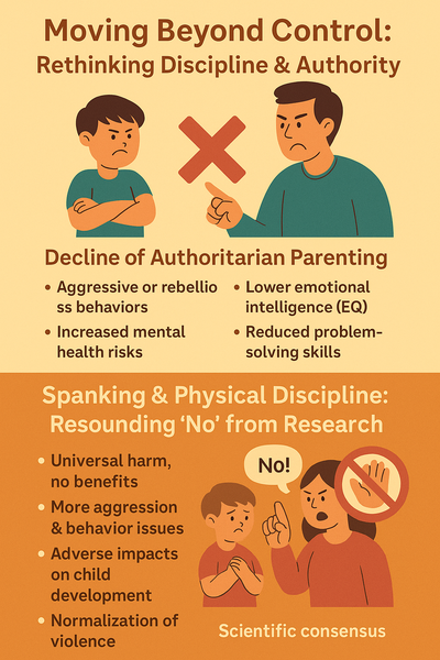 Infographic showing the shift from authoritarian parenting to empathy-based approaches and the decline of physical discipline due to negative impacts.