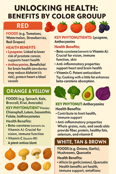 Benefits by Color Group: Infographic displaying health benefits of red, orange/yellow, green, blue/purple, and white foods with phytonutrients.