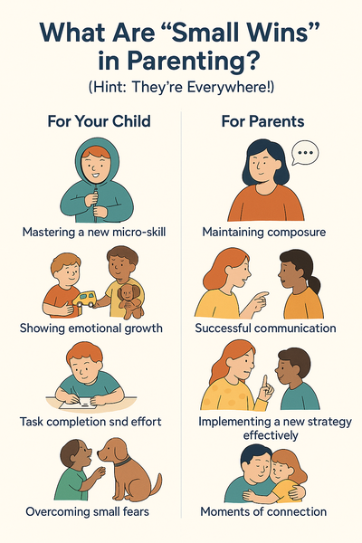Infographic titled "What Are 'Small Wins' in Parenting?" featuring colorful icons and illustrations that depict everyday achievements by children and parents—like tying shoes, calming down during tantrums, or sharing toys—organized into two main sections: "For Your Child" and "For Parents."
