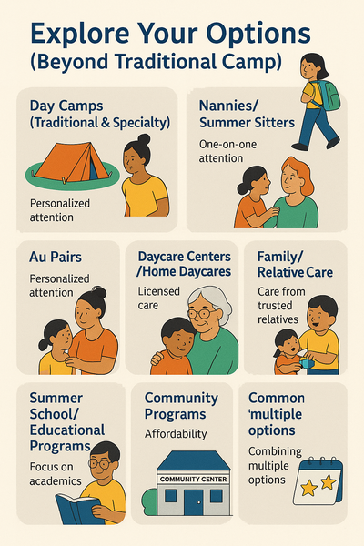 Explore Your Options (Beyond Traditional Camp)" showing various summer childcare alternatives including day camps, nannies, au pairs, daycare centers, family care, nanny shares, summer school, and community programs, with icons and brief pros and cons for each option.