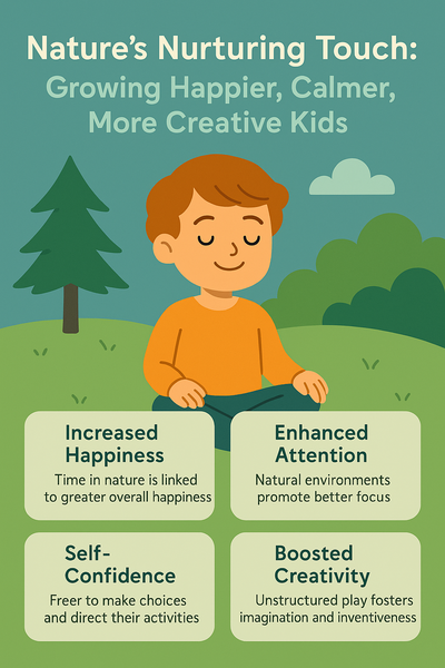 Infographic showing a smiling child sitting outdoors with trees and clouds in the background, highlighting four benefits of nature for kids: increased happiness, enhanced attention, greater self-confidence, and boosted creativity.