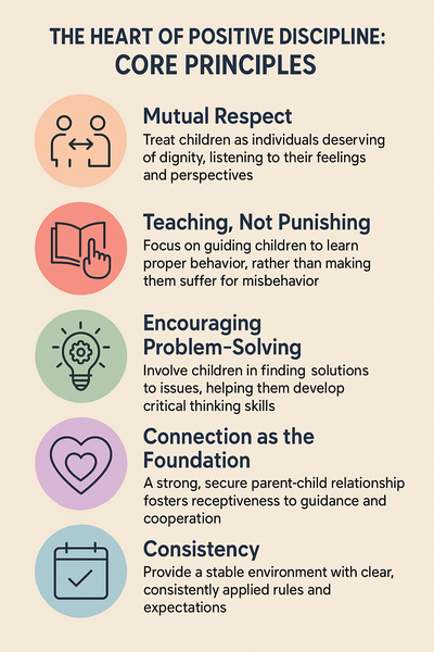 Infographic showing key principles of positive discipline with icons and short descriptions on a pastel background.
