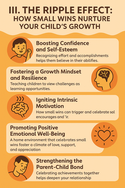 Infographic titled "The Ripple Effect: How Small Wins Nurture Your Child's Growth" showing illustrated sections on boosting confidence, fostering a growth mindset, igniting motivation, promoting emotional well-being, and strengthening the parent-child bond with icons and concise summaries in a vertical layout.