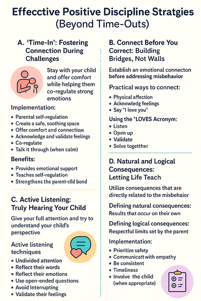 Infographic showing four positive discipline strategies: Time-In, Connect Before You Correct, Active Listening, and Natural & Logical Consequences.