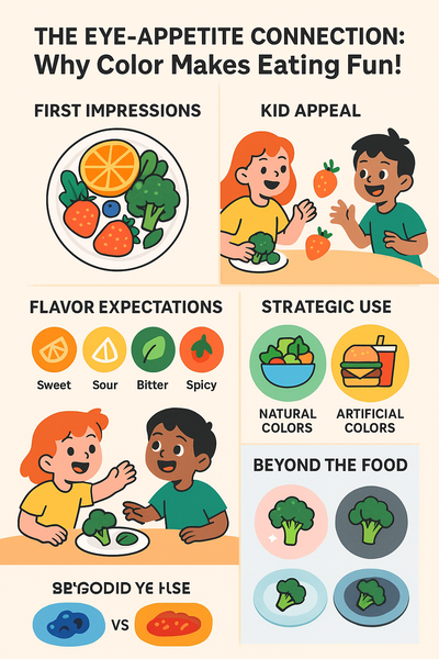 Painting Your Plate with Color Daily: Infographic with tips for adding colorful fruits and vegetables to daily meals through smart shopping, prep, and plating.