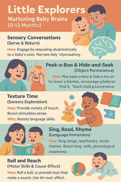 A colorful infographic titled "Little Explorers: Nurturing Baby Brains (0–12 Months)" with playful illustrations of babies engaging in sensory play, reading, singing, and motor skill activities, highlighting key brain development milestones and interactive tips for caregivers.