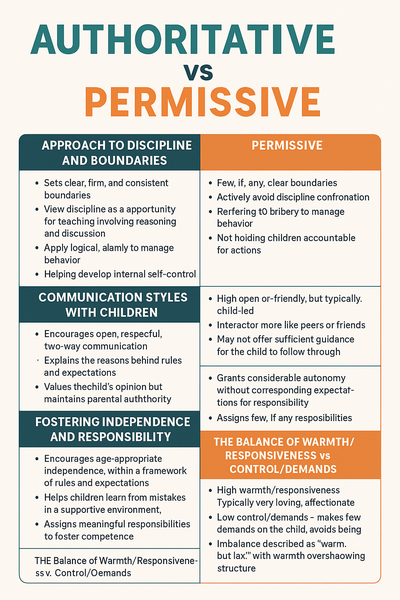 Comparison of Authoritative vs. Permissive Parenting Styles: Key differences across discipline, communication, independence, and the balance of warmth vs. control, highlighting the impacts on child development.