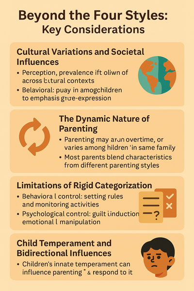 Infographic titled "Beyond the Four Styles of Parenting," highlighting cultural variations, behavioral vs. psychological control, child temperament, and the dynamic nature of parenting.