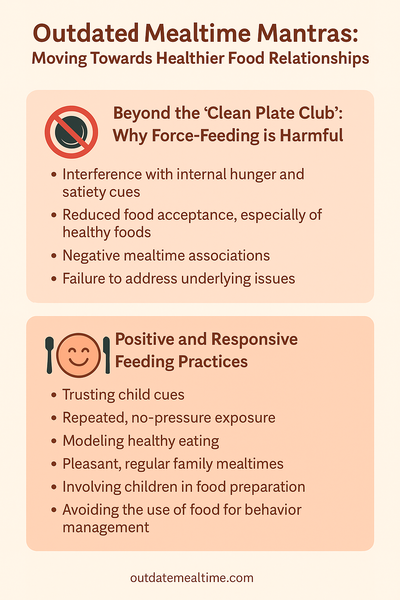 Infographic showing harms of force-feeding kids and promoting positive, responsive feeding practices.