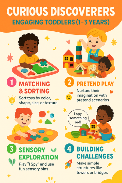 Colorful infographic titled "Curious Discoverers: Engaging Toddlers (1–3 Years)" featuring illustrated toddlers playing with blocks, puzzles, dress-up clothes, books, and exploring outdoors, with brief captions describing developmental benefits of each activity.