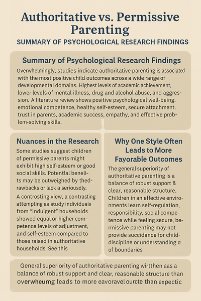 Comparison of Parenting Styles: Authoritative vs. Permissive - Summary of Psychological Research Findings. Authoritative parenting is linked to positive child outcomes, including emotional competence, self-regulation, and academic success. Permissive parenting is associated with impulsivity, lower academic achievement, and emotional regulation challenges. Balanced warmth and structure in authoritative parenting foster optimal development.