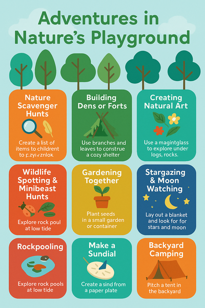 Infographic titled "Adventures in Nature's Playground" featuring illustrated nature activities for kids such as scavenger hunts, fort building, natural art, gardening, stargazing, and backyard camping.