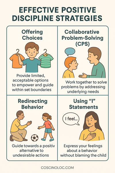 Infographic illustrating positive discipline strategies for parents, including offering choices, collaborative problem-solving, redirection, using "I" statements, and giving specific praise
