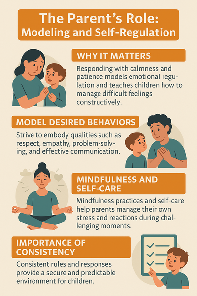 Infographic titled "The Parent's Role: Modeling and Self-Regulation" showing key points about parental calmness, modeling behavior, mindfulness, self-care, and consistency in positive discipline.