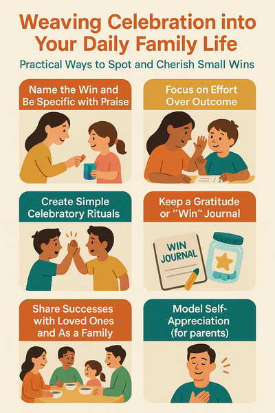 Infographic showing six illustrated tips for celebrating small wins in family life, including specific praise, focusing on effort, simple rituals, gratitude journals, sharing successes, and modeling self-appreciation.