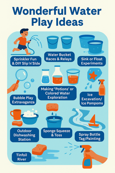 Infographic titled "Wonderful Water Play Ideas" showing colorful illustrations of children engaging in various water activities like sprinkler fun, bubble play, sponge toss, tinfoil rivers, and sink-or-float experiments.