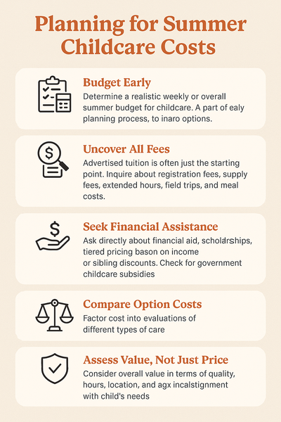 Planning for Summer Childcare Costs" showing five tips: Budget Early, Uncover All Fees, Seek Financial Assistance, Compare Option Costs, and Assess Value, Not Just Price — each paired with an icon and brief description.