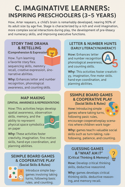 Infographic titled "Imaginative Learners: Inspiring Preschoolers (3–5 Years)" with colorful boxes illustrating six playful learning activities that support early childhood development.