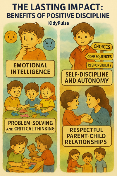 Infographic illustrating the long-term benefits of positive discipline in children's emotional, social, and cognitive development.