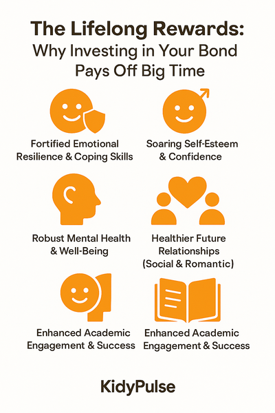Infographic showing five key benefits of strong parent-child bonds, including emotional resilience, self-esteem, mental health, healthy relationships, and academic success, with icons and KidyPulse branding.