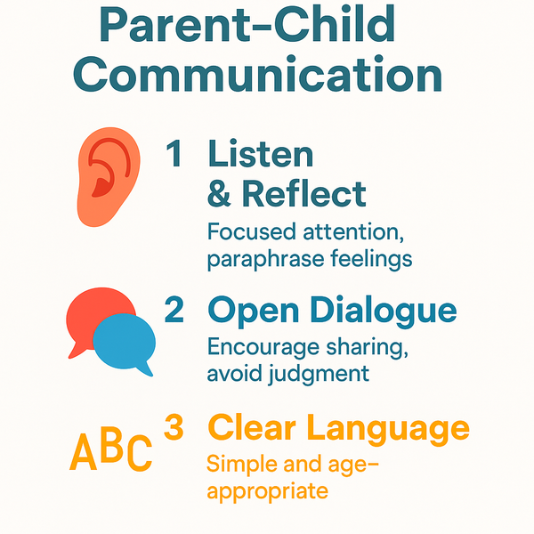Infographic showing three steps for parent-child communication: 1) Listen & reflect, 2) Open dialogue, 3) Use clear, age-appropriate language.