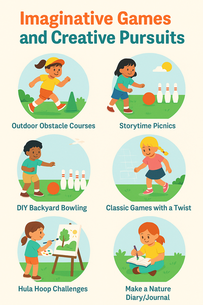 Infographic titled "Imaginative Games and Creative Pursuits" showing illustrated outdoor activities like obstacle courses, storytime picnics, backyard bowling, and art stations for children, with icons and brief descriptions.