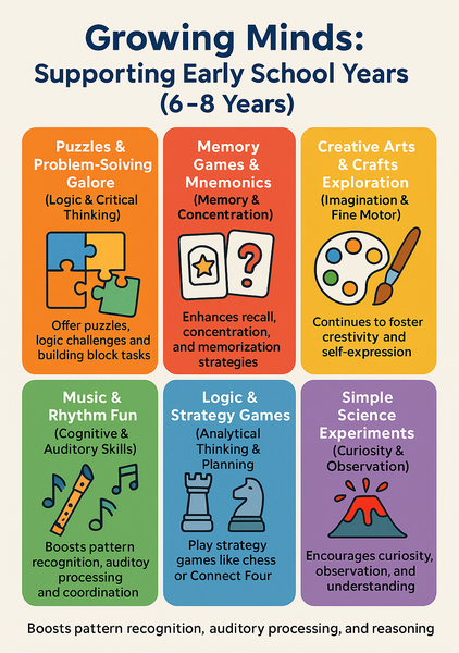 Infographic titled "Growing Minds: Supporting Early School Years (6–8 Years)" with six colorful sections highlighting activities like puzzles, memory games, arts and crafts, music, strategy games, and science experiments to support cognitive and creative development.