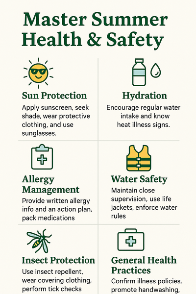 Infographic titled "Master Summer Health & Safety" with six sections: Sun Protection, Hydration, Allergy Management, Water Safety, Insect Protection, and General Health Practices, each with an icon and brief tip.