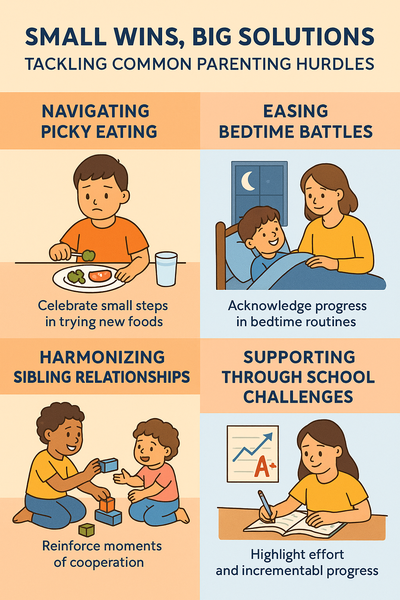 Infographic showing four parenting challenges—picky eating, bedtime struggles, sibling conflicts, and school difficulties—with illustrated tips highlighting small steps and progress-focused solutions.