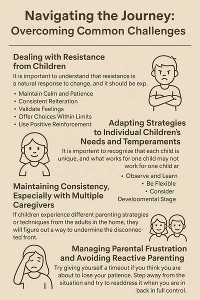 Navigating the Journey: Overcoming Common Challenges" outlining strategies for positive discipline, including managing child resistance, adapting to individual needs, ensuring caregiver consistency, and avoiding reactive parenting.