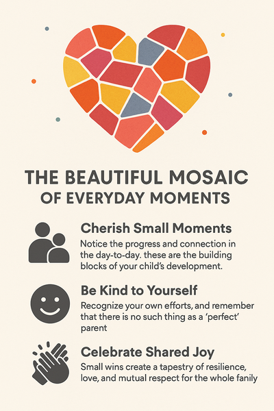 Infographic with a colorful mosaic heart and three parenting reminders: cherish small moments, be kind to yourself, and celebrate shared joy.