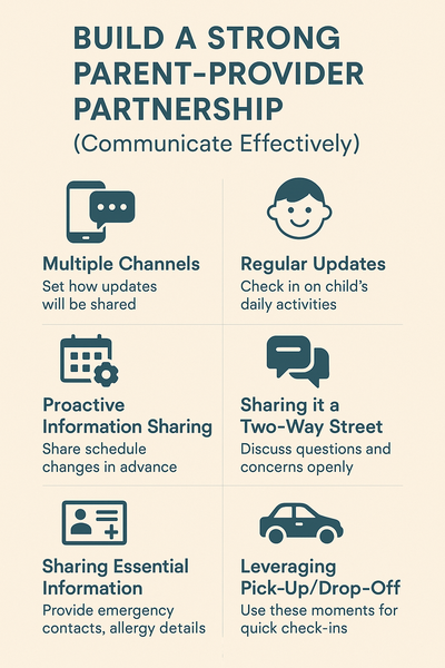 Infographic titled "Build a Strong Parent-Provider Partnership" featuring six tips: Multiple Channels, Regular Updates, Proactive Information Sharing, Two-Way Communication, Sharing Essential Information, and Leveraging Pick-Up/Drop-Off.