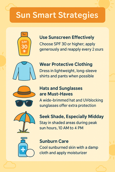 Infographic titled "Sun Smart Strategies" with colorful illustrations showing key sun safety tips for children: applying sunscreen, wearing protective clothing, using hats and sunglasses, seeking shade during peak hours, and treating sunburns with cool compresses and lotion.