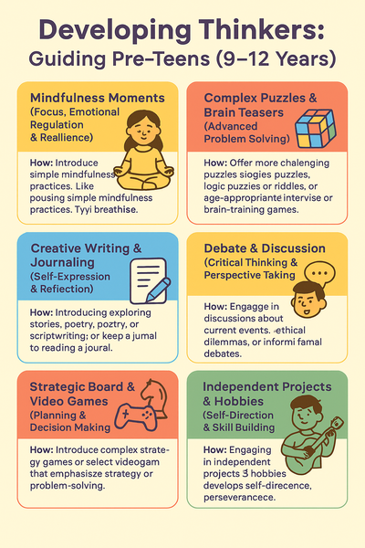 Infographic titled "Developing Thinkers: Guiding Pre-Teens (9–12 Years)" featuring six illustrated sections that highlight mindfulness, brain teasers, creative writing, discussion, strategy games, and hobbies for cognitive and emotional growth.