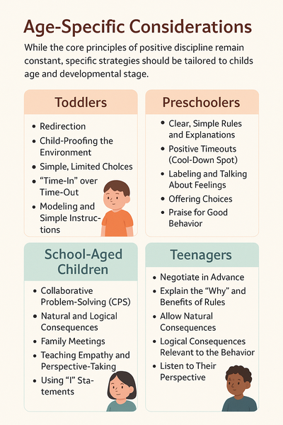 Age-Specific Considerations" showing positive discipline strategies for Toddlers, Preschoolers, School-Aged Children, and Teenagers, with illustrated icons and key bullet points tailored to each age group.