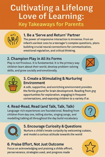 A flat-style infographic titled "Cultivating a Lifelong Love of Learning" featuring five illustrated tips for parents, including responsive interaction, the importance of play, creating a nurturing environment, reading and talking frequently, and encouraging curiosity.