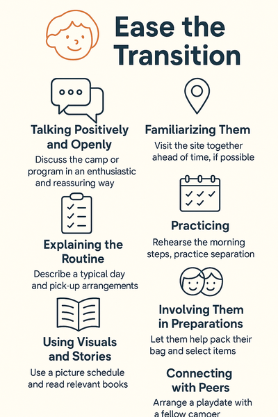 Ease the Transition" with illustrated tips for preparing children for summer camp or new childcare, including talking positively, visiting the site, explaining the routine, practicing separations, using visuals, involving kids in prep, and connecting with peers.