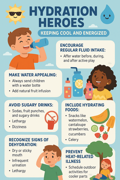 Infographic titled "Hydration Heroes" showing kids drinking water and offering tips for keeping children hydrated in summer, including drinking water regularly, avoiding sugary drinks, and eating hydrating foods like watermelon and cucumbers.