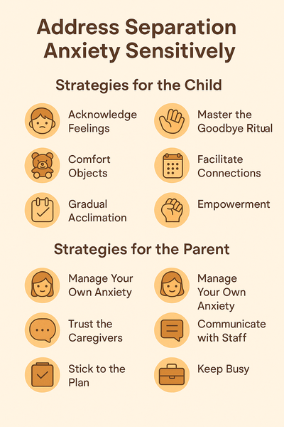 Address Separation Anxiety Sensitively" featuring tips for easing drop-off distress in children and parents, including goodbye rituals, comfort objects, caregiver trust, and managing parental emotions.