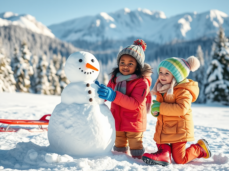 children enjoying making snowman in snow