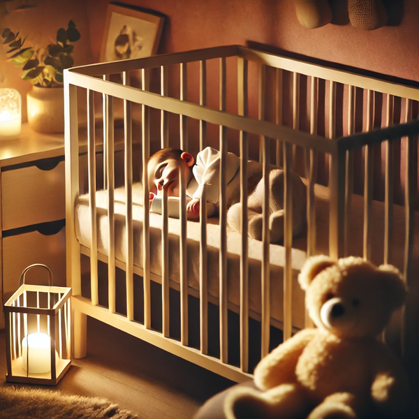 A peaceful nursery with a sleeping newborn in a cozy crib, soft lighting, and a gentle nightlight