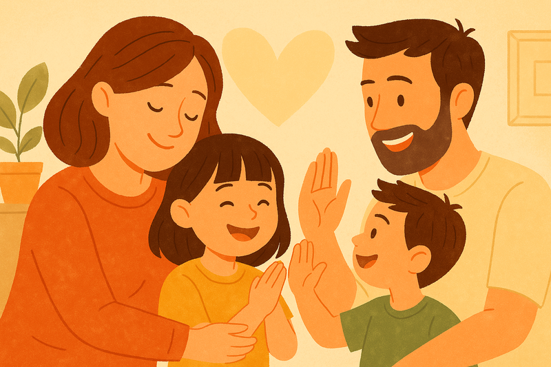 Illustration of a joyful family moment with parents and two children smiling and high-fiving in a cozy home setting, conveying warmth and connection.